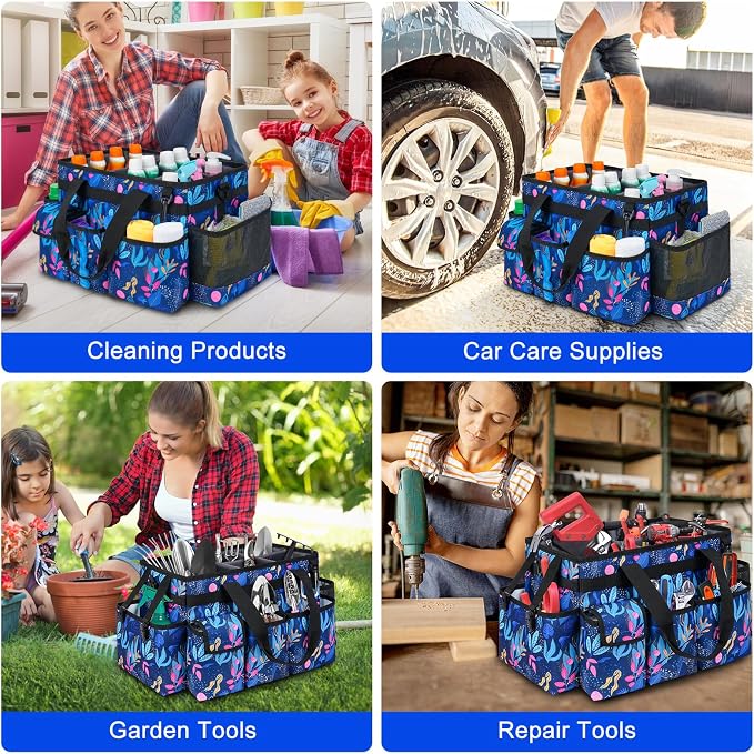 Cleaning Organizer, Large Caddy Bag for Supplies, Housekeeper's Bag with Handle (Blue Leaf) - Image 6