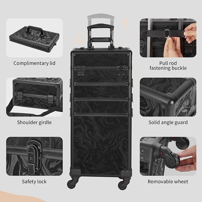 Somduy Rolling Makeup Case, Makeup Train Case with Lid, 5 in 1 Cosmetology Case on Wheels, Christmas Gift, Large Makeup Organizers, Profesional Cosmetic Case for Salon Barber, Pattern Black - Image 5