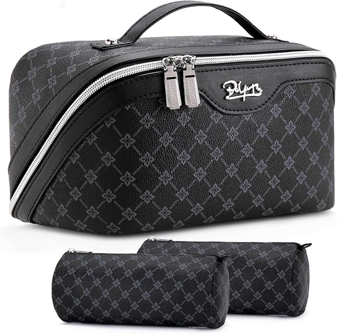 BOYATU Travel Makeup Bag Cosmetic Bags for Women: 3 Pcs Set Large Capacity Make up Bag with Handle - Vegan Leather Toiletry Bags with Compartments - Makeup Organizer for Travel Essentials(A-7-Black) by BOYATU