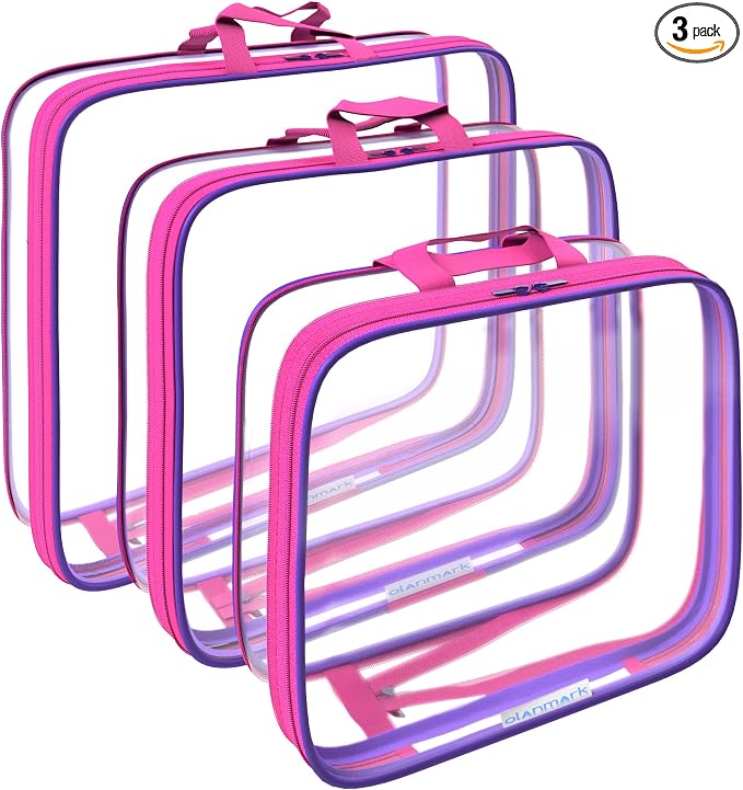Clear Compression Packing Cubes 3 Set - Bags for Travel - Luggage Cube Organizer - Mix Pink and Purple by Olanmark