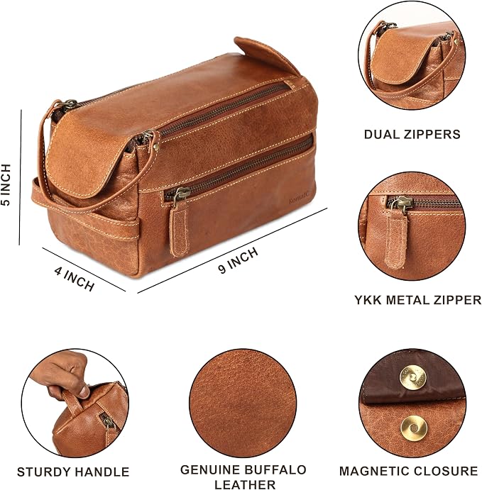 KomalC Premium Buffalo Leather Toiletry Bag for Men & Women With Water resistant Lining, Grooming Travel Pouch, Unisex Wash Bag for Toiletries, Gifts for Men and Women - Image 7
