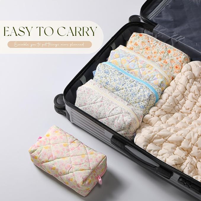 Paterr 10 Pcs Quilted Makeup Bag Bulk Cotton Floral Cosmetic Bag Women Girls Bridesmaid Gifts Cute Makeup Pouch Coquette Aesthetic Travel Toiletry Organizer(Classic Style,7.87 x 4.72 x 3.15 Inches) - Image 6