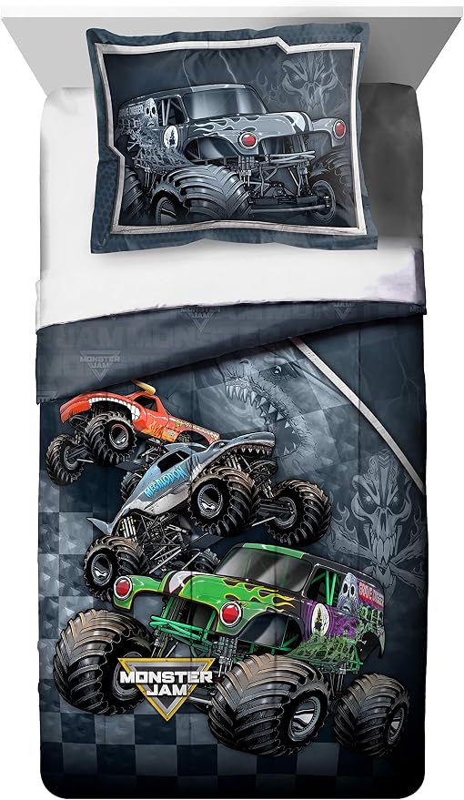 Monster Jam Trucks Full Comforter Set 7 Piece Kids Bedding for Boys, Multi | Grave Digger Megalodon, Bed in a Bag, Comforter Sheets Shams Pillowcases, Soft Microfiber, Machine Washable, Boys Gift - Image 2