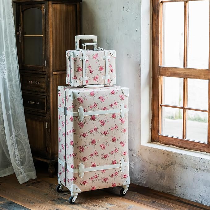 urecity 20" Blush Camellia Vintage Luggage Set 2 Piece, Aluminum Frame Retro Suitcase for Women, Vegan Leather Carry On Trunk with Cosmetic Case, TSA Approved (Include Clear Cover) - Image 2