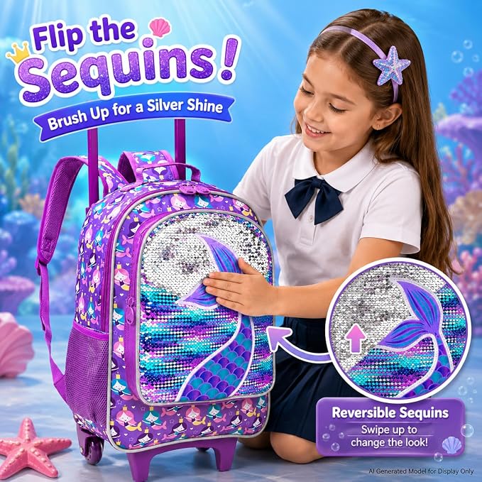 AGSDON 3PCS Rolling Backpack for Girls Boys, Kids Roller Wheels Bookbag, Wheeled School Bag with Lunch Bag - Image 3