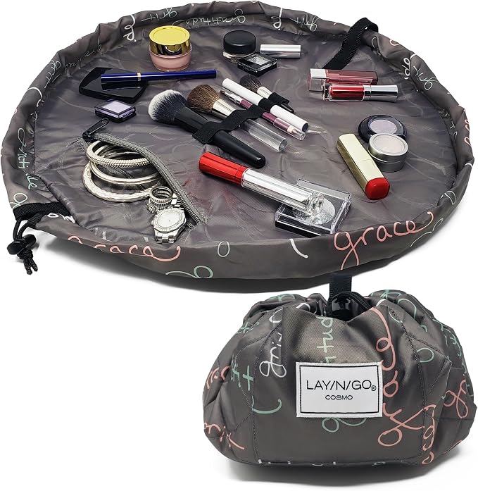 Lay-n-Go Cosmo Drawstring Cosmetic & Makeup Bag Organizer - Portable Drawstring Makeup Bag w/Zipper Pocket & More - Durable, Machine Washable Toiletry Bag for Travel (20", Grit Grace Gratitude) by Lay-n-Go