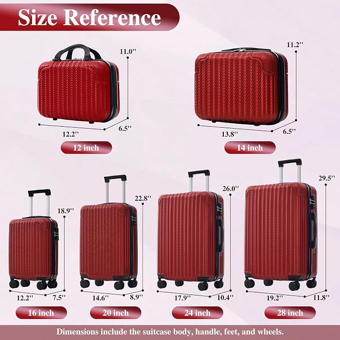 Red 6 Piece Luggage Set Hard Shell - Lightweight Checked Suitcases with Spinner Wheels and Cosmetic Cases for Family Travel, Durable Carry On Luggage Sets with Lock for Women and Men - Image 2