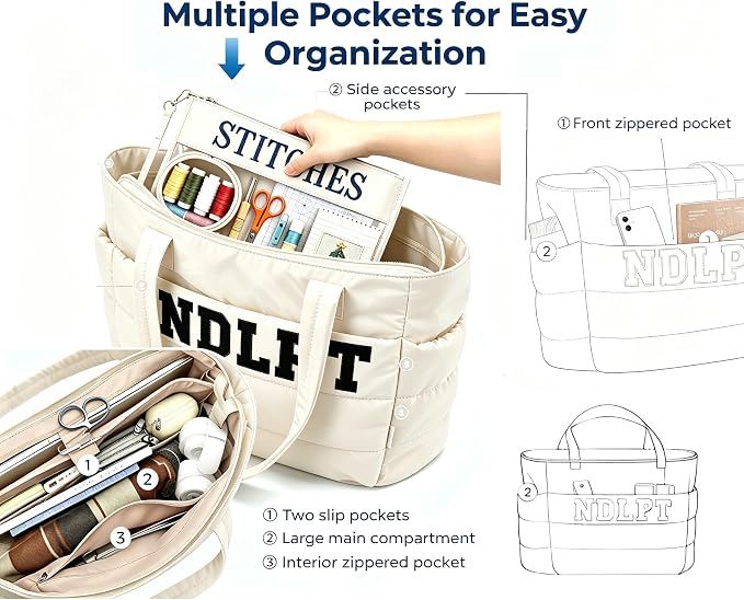 Needlepoint (NDLPT) Tote Bag & Clear Stitching Zipper Pouch Set (Beige) | Lightweight Puffy Project Bag for Embroidery Sewing Craft Storage Organizer – Gifts for Stitchers - Image 3