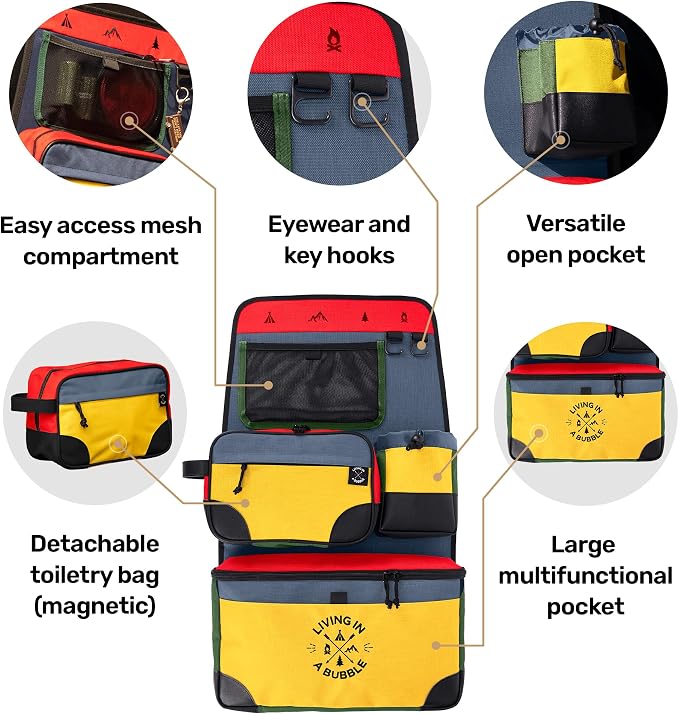 Living in a Bubble Seat back Organizer – Magnetic Toiletry and Cooler Pouch, Cordura Car Backseat Storage with Device Holder & Hooks, Multi-Compartment Utility Bag for Campervans & Family Travel - Image 4