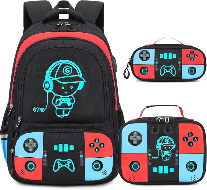 Bevalsa Backpack for School Boys, Cool Luminous Gamer Boys Schoolbag with Lunch Box & Pencil Case Set for Kids Teens Elementary Middle School, Bookbag Glow In The Dark(Red Blue Backpack) by Bevalsa