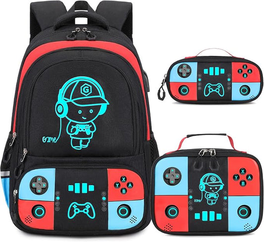 Bevalsa Backpack for School Boys, Cool Luminous Gamer Boys Schoolbag with Lunch Box & Pencil Case Set for Kids Teens Elementary Middle School, Bookbag Glow In The Dark(Red Blue Backpack) by Bevalsa