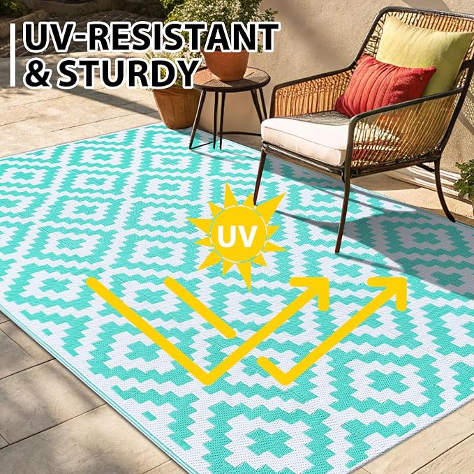 Smiry Waterproof Outdoor Rug 9X18 ft, Reversible Plastic Straw Patio Camping Rugs, Outdoor Indoor RV Mat Carpet for Patio, Outside Entry, Backyard, Deck, Bench, Picnic, Camper, White & Teal - Image 4