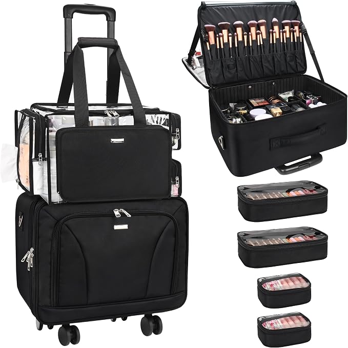 MONSTINA Rolling Makeup Train Caseon Wheels, Clear Makeup Bag Extra Large Makeup Artist Kit Set Cosmetology Case Professional Cosmetics Hairstylist Cosmetic Bag with 4 Bags (Black+Clear Makeup bag) - Image 8