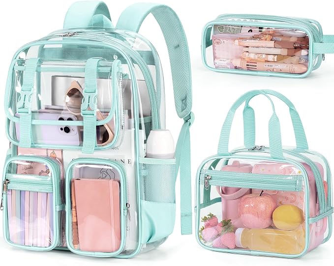 Fimibuke Clear Backpack for Girls - 3 PCS Heavy Duty Kids Clear Bags Schoolbag Large Transparent PVC Bookbag with Lunch Box Pencil Case Set for Travel School Concert Stadium Events Backpacks by Fimibuke