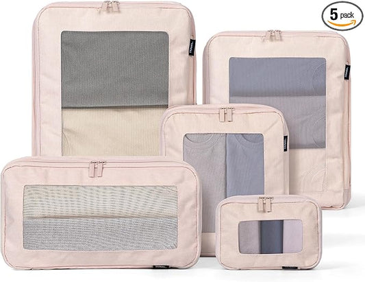 Compression Packing Cubes - Travel Organizer Bags for Suitcases and Luggage, Eco-Friendly Fabric (5-Pack) (Beige) by OKAKA