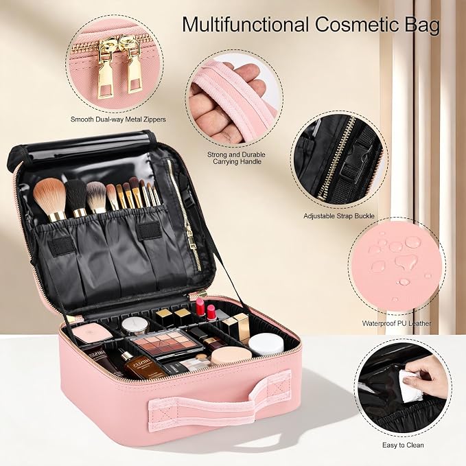 Travel Makeup Bag with Brush Holder, Professional Cosmetic Train Case Organizer for Women, Portable Travel Makeup Brush Carry Case Cosmetic Artist Storage Box with Adjustable Dividers, Leather Pink - Image 3