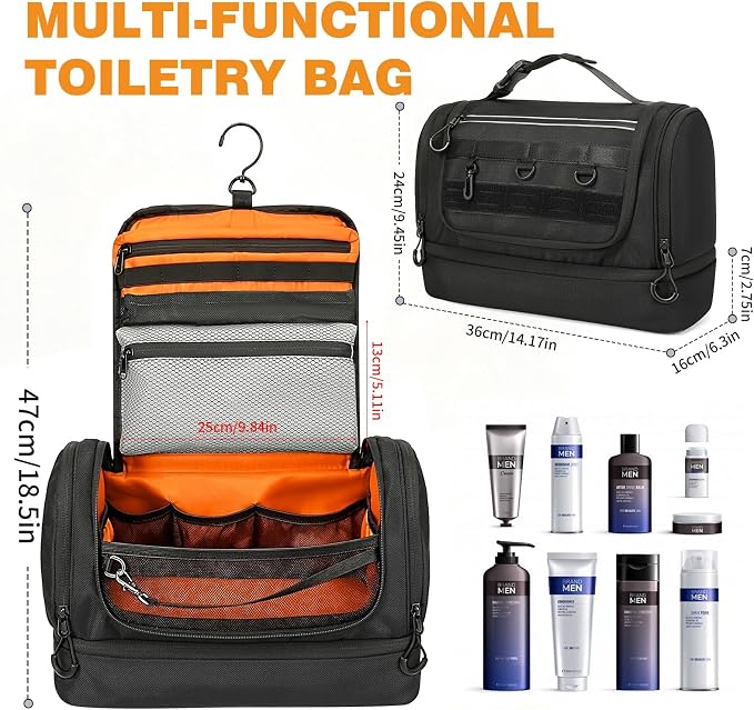 TANGCORLE Toiletry Bag for Men, Handing Travel Toiletry Organizer Protable Water Ressistant Bathroom Shaving Bags for Toiletry Accessories, Travel Essentials (black with orange) - Image 2