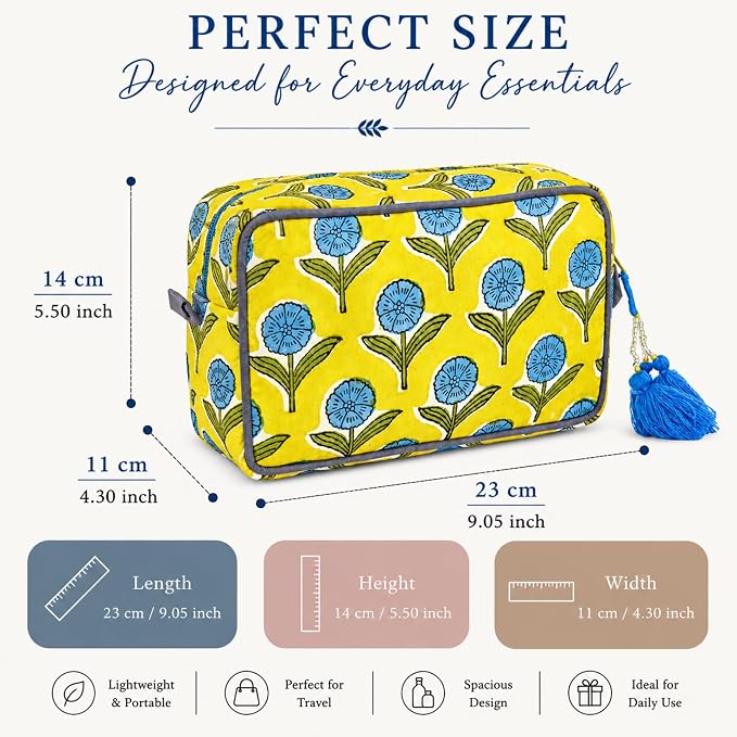Travel Makeup Bag- Large Capacity Cosmetic Bags for Women - Water Resistance Lining Portable Pouch & Open Toiletry Bag - Perfect Girls Makeup Organizer for Travel Essentials (Blue & Yellow Floral) - Image 5