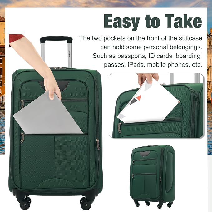 Merax Softside Luggage Set Lightweight 3 Piece Suitcase with Duffel Bag | Expandable Upright Travel Spinner Luggage 22" 26" 30",Dark Green - Image 8