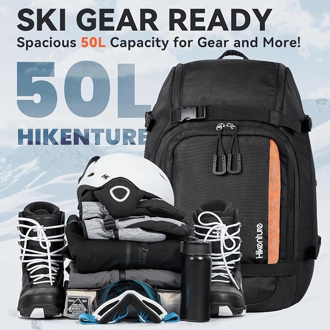 Hikenture Ski Boot Bag Backpack, 50L Padded Ski Bag & Snowboard Boot Bag with Drain Holes, Large Capacity Water-Resistant Ski Travel Bag for Ski Boots, Helmet, Goggles, Clothes, Gloves, Snowboard Gear - Image 2