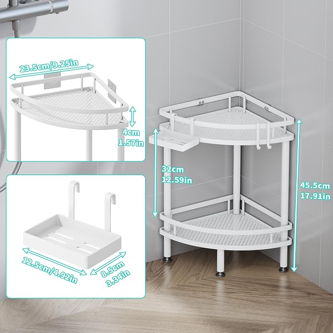 HapiRm Standing Corner Shower Caddy - 2 Tier Shower Organizer Corner with Soap Holder and 4 Hooks, Rustproof Bathroom Storage Shelves with Adhesives, White - Image 2