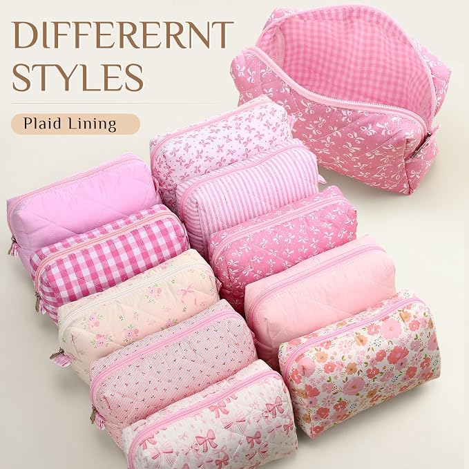 Paterr 10 Pcs Quilted Makeup Bag Bulk Cotton Floral Cosmetic Bag Women Girls Bridesmaid Gifts Cute Makeup Pouch Coquette Aesthetic Travel Toiletry Organizer(Bow Floral,7.87 x 4.72 x 3.15 Inches) - Image 3
