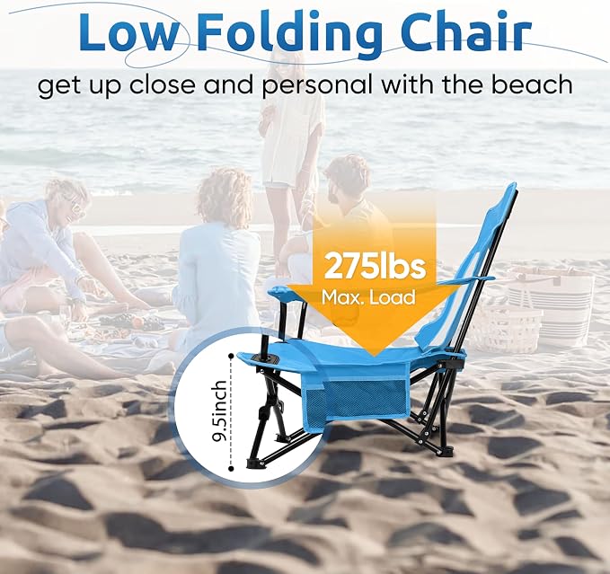 HaSteeL Folding Beach Chair, Foldable Blue Camping Chairs for Outside, Low Beach Chair Portable for Adults Fishing, Picnic, Outdoor BBQ, Travel, Sports, Cup Holder & Storage Bag - Image 7