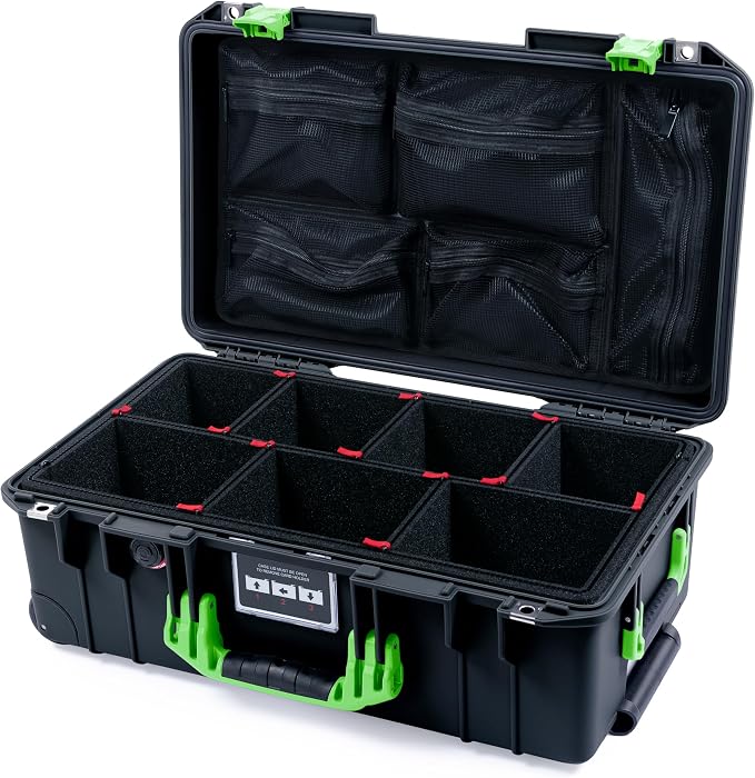 Black Pelican Air 1535 Carry-on Case - with TrekPak Divider System & Mesh Lid Organizer - Lime Green Handles & Latches. by ColorCase