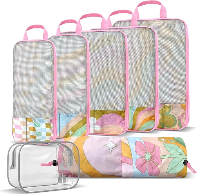7 Piece Compression Packing Cubes Set - Boho Rainbow Flowers | Ultra-Lightweight, Quick-Dry, Tear-Resistant, Reinforced Zippers, Durable Travel Accessories for Luggage & Suitcases, Pink - Image 2