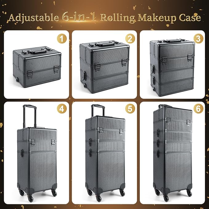 SHOWERSAFE 4 in 1 makeup train case - Professional cosmetology case on wheels, Large Transformable Makeup Train Case & Barber Case, Portable rolling makeup case & Makeup Cart, Jet Black - Image 2