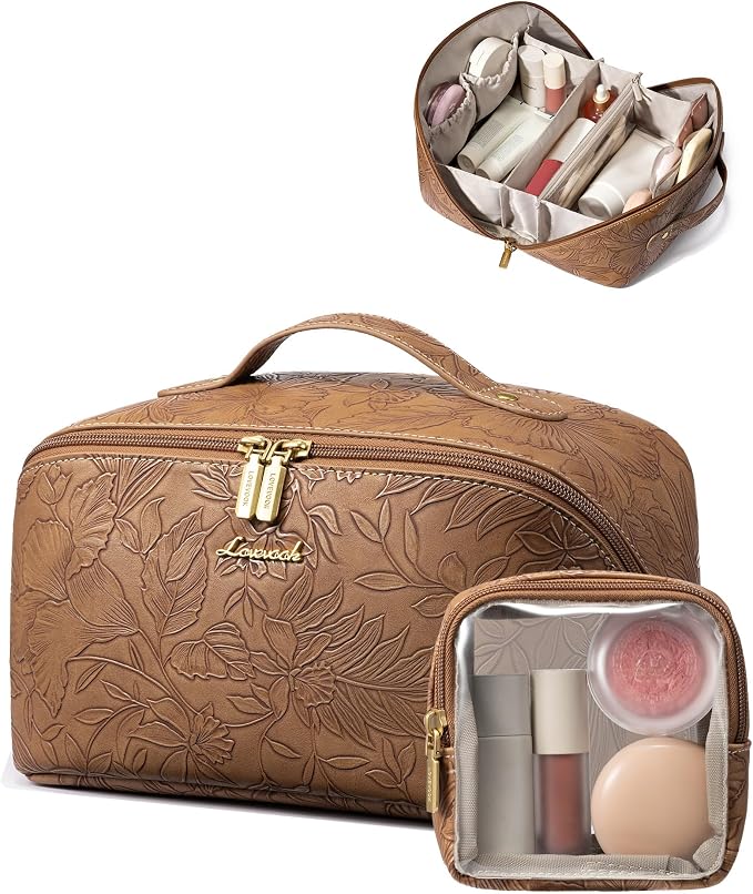 LOVEVOOK Travel Makeup Bag for Women, 2Pcs Large Capacity Cosmetic Organizer Bag, Waterproof PU Leather, Flat Open Portable Small Toiletry Pouch for Skincare, Brushes & Travel Essentials by LOVEVOOK