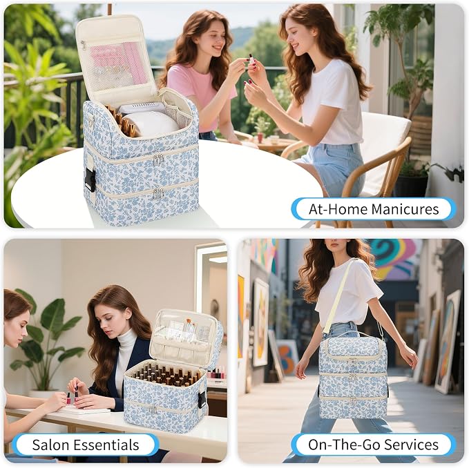 Extra Large Nail Polish Organizer - Three Layer Nail Organizers And Storage Bag, Portable Nail Supplies Organizer Case, Nail Tech Kit Travel Carrying Box with Shoulder Strap (Floral Blue, 86 Slots) - Image 8
