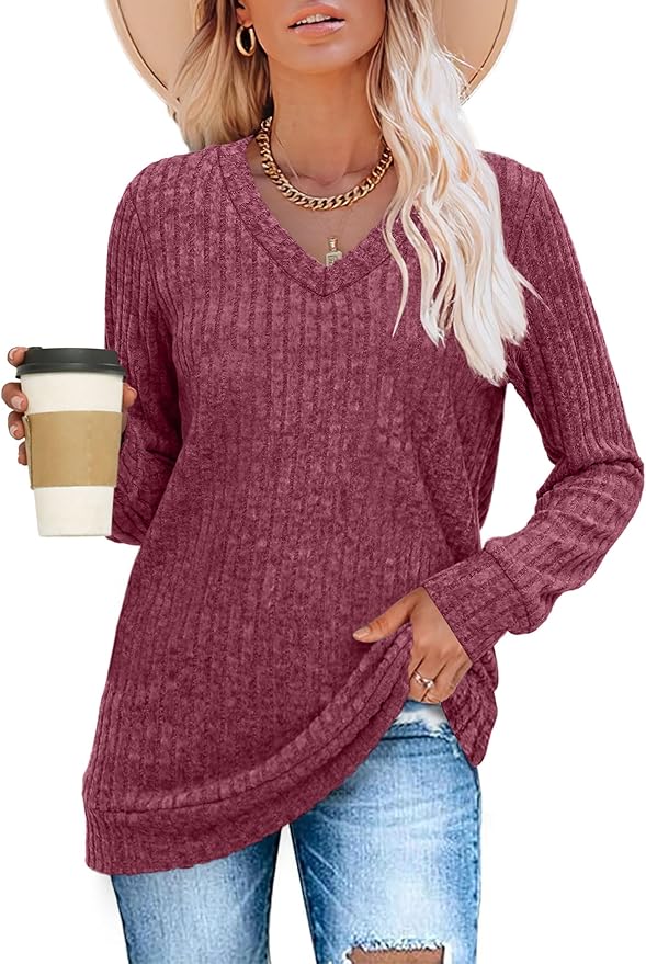 Sampeel V Neck Long Sleeve Shirts for Women Casual Fall Tops Lightweight Tunic Sweaters Fashion Clothes Loose Fit 2025