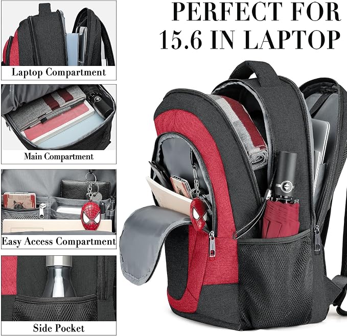 BIKROD Travel Laptop Backpack for Woman and Men, School Backpack for Teens, Waterproof College Back Pack for 15.6 IN Laptop Backpack, Adult Business Computer Travel Backpack, BlackRed - Image 2