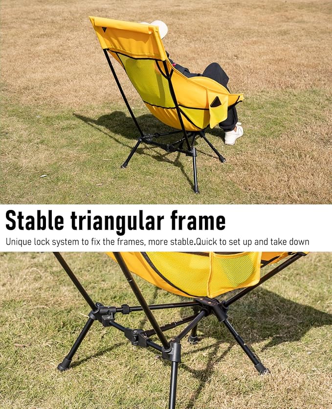 iClimb Ultralight Compact Camping Folding Beach Chair with Anti-Sinking Large Feet (Yellow - Triangular Frame High Back) - Image 7