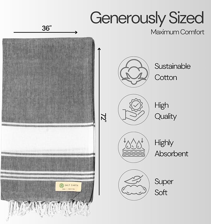 Salt Earth Cotton Turkish Beach Towel (Set of 4, 36"x72") - Soft, Quick Dry, Sand Resistant, Absorbent Towels for Bathroom, Home, Travel, Pool, Spa, Bath, Swim - Beach Towels Oversized (Alloy) - Image 6
