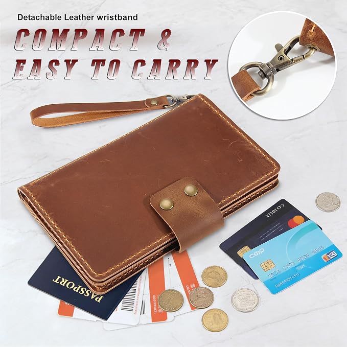 Handmade Genuine Leather Family Passport Holder | Travel Document Organizer Holds 4 Passports | Vintage Wristlet Wallet with Credit Card Slots (Brown) - Image 5