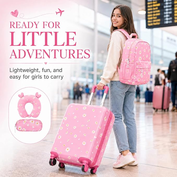 Redbaker 6 Pcs Kids Luggage Set, 17 Inch Rolling Suitcase with Backpack Lunch Bag Neck Pillow, Pink Daisy Travel Set for Summer Vacation Sleepover Back to School Gift - Image 6