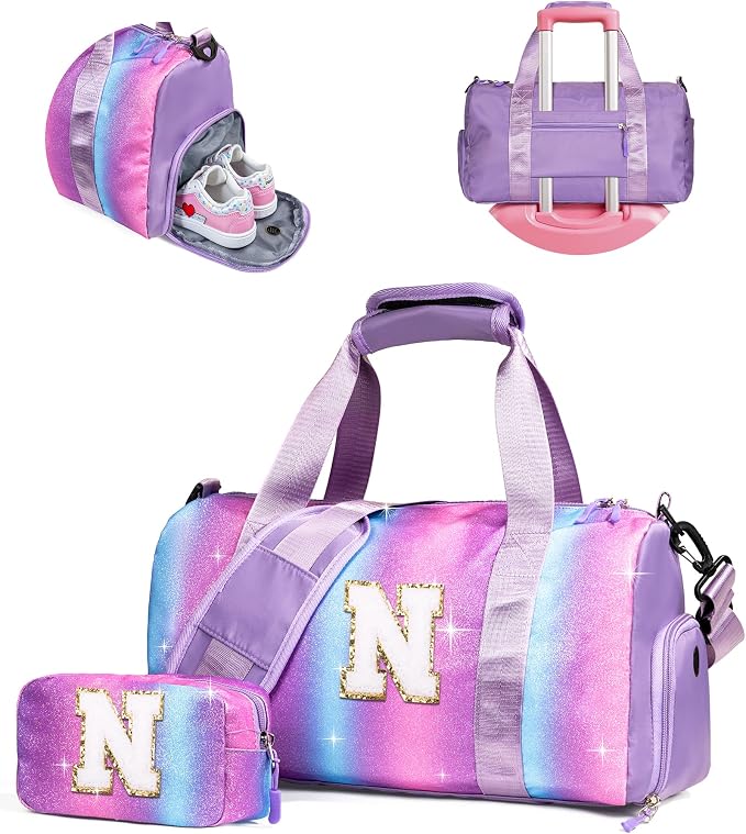 Girly Girl Stuff-Girl Gym Bag with Shoe Compartment, Kid Personalized Weekender Overnight Bags, Initial Travel Tote with Makeup Pouch, Easter Gift 5 6 7 8 9 10 Year Old (Letter N) by Vogewood