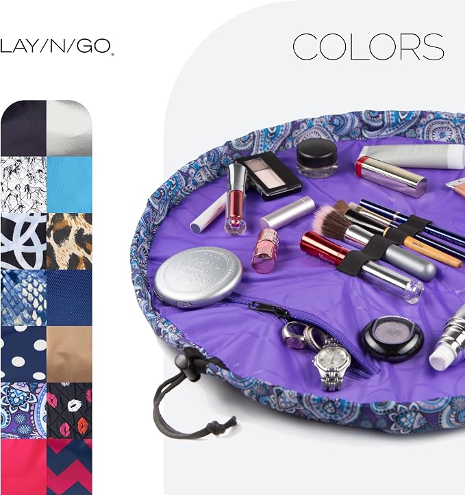 Lay-n-Go Cosmo Drawstring Cosmetic & Makeup Bag Organizer - Portable Drawstring Makeup Bag w/Zipper Pocket, Makeup Loops & More - Durable, Machine Washable Toiletry Bag (20", Purple Paisley) - Image 6