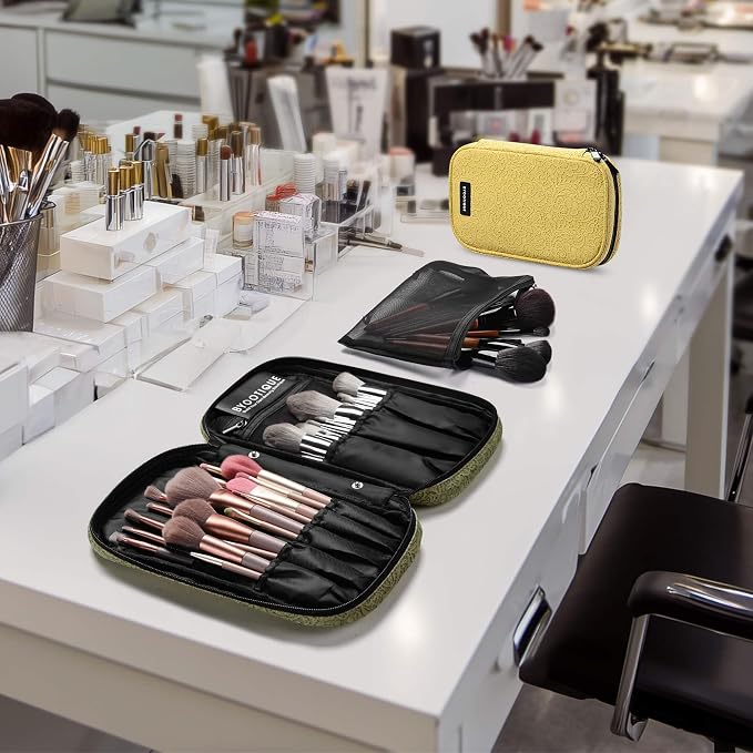 BYOOTIQUE 2 Pack Travel Makeup Brush Bag Cosmetic Brush Holder Organizer | Makeup Artist Bag Cosmetic,Pouch Zipper Bag,with Removable Mesh,for Brushes Cosmetics,Yellow and Green - Image 7