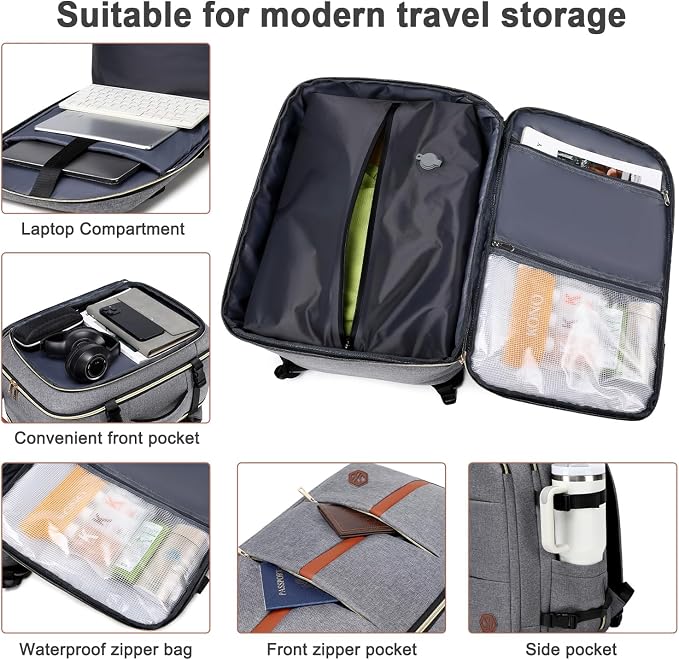 40L Travel Laptop Backpack for Women & Men, Airline Approved Carry On Luggage Overnight Bags, Waterproof Personal Item Bag, Weekender Essentials Backpacks Vacuum Backpack Gray - Image 5