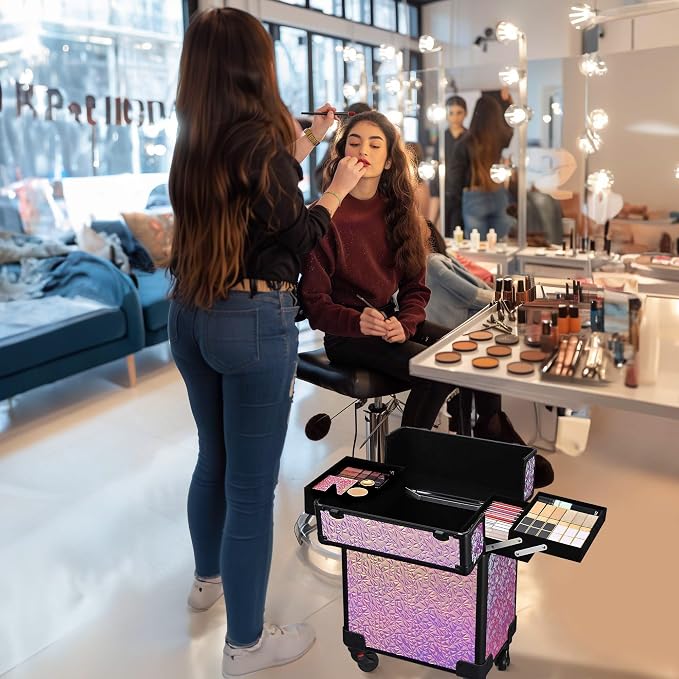 BYOOTIQUE Rolling Makeup Case Cosmetology case on wheels Makeup Artist Nail | Aluminum Rolling Makeup Suitcase with 360° Detachable Wheel Lockable 44Lb Large Capacity Organizer Nail Tech Mermaid Pink - Image 7
