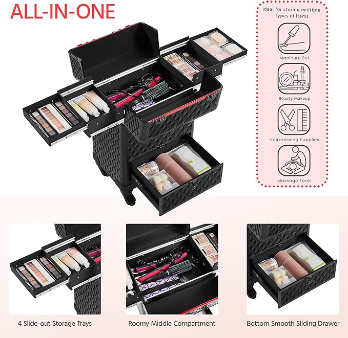 Yaheetech Rolling Makeup Train Case with a Drawer Nail Trolley Black/Red | Sturdy ABS & aluminum nail cart organizes beauty supplies in side trays and a drawer, rolls smoothly & lockable for travel - Image 3