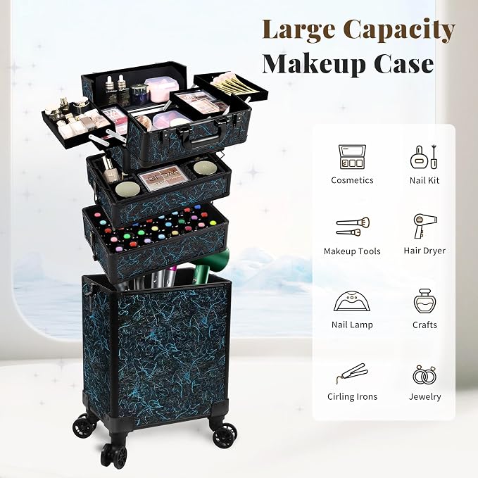 Rolling Makeup Train Case with Lid Cosmetology Case on Wheels | 5 in 1 Large Cosmetic Trolley Organizer Travel for Hairstylist Artist Nail Beauty Salon Barber Cart Trunk, Blue - Image 2