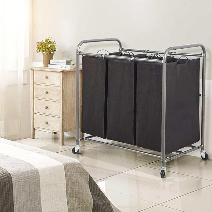 STO STO Laundry Sorter 3 Section, 3 Bag Clothes Hamper, Rolling Laundry Cart Basket with Heavy Duty Lockable Wheels and Removable Bag for Laundry Room, Bedroom, Closet, Black - Image 2