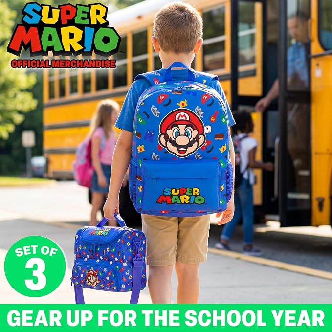 Get Trend Super Mario Boys Backpack, Lunch Bag & Pencil Case, 3 Piece Set | 18in Bookbag, Adjustable Padded Straps, Lightweight Insulated Lunch Bag, Pencil Pouch, School Supplies, Gamer Gifts for Boys - Image 2
