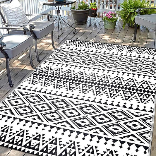 Waterproof Outdoor Rug 5x8ft, Bohemia Reversible Plastic Straw Mat for Patio RV Deck Porch Backyard Balcony Camping Picnic Beach Indoor Outdoor Carpet, Black&White by DiiKoo