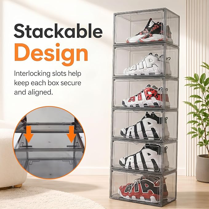MMBABY 12 Pack Acrylic Shoe Boxes– Ultra Clear Plastic Stackable Sneaker Storage For Sneakerhead. Professional Grade Shoe Display Case with Magnetic Door.Fits US Size 15 (Grey-Side Open) - Image 4
