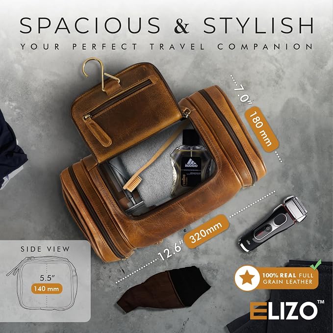 ELIZO Genuine Leather Toiletry Bag for Men Mens Toiletry Bags for Traveling Waterproof Hanging Leather Dopp Kit w/Hook Extra largeToiletry Bag Travel Organizer for Toiletries - Image 2